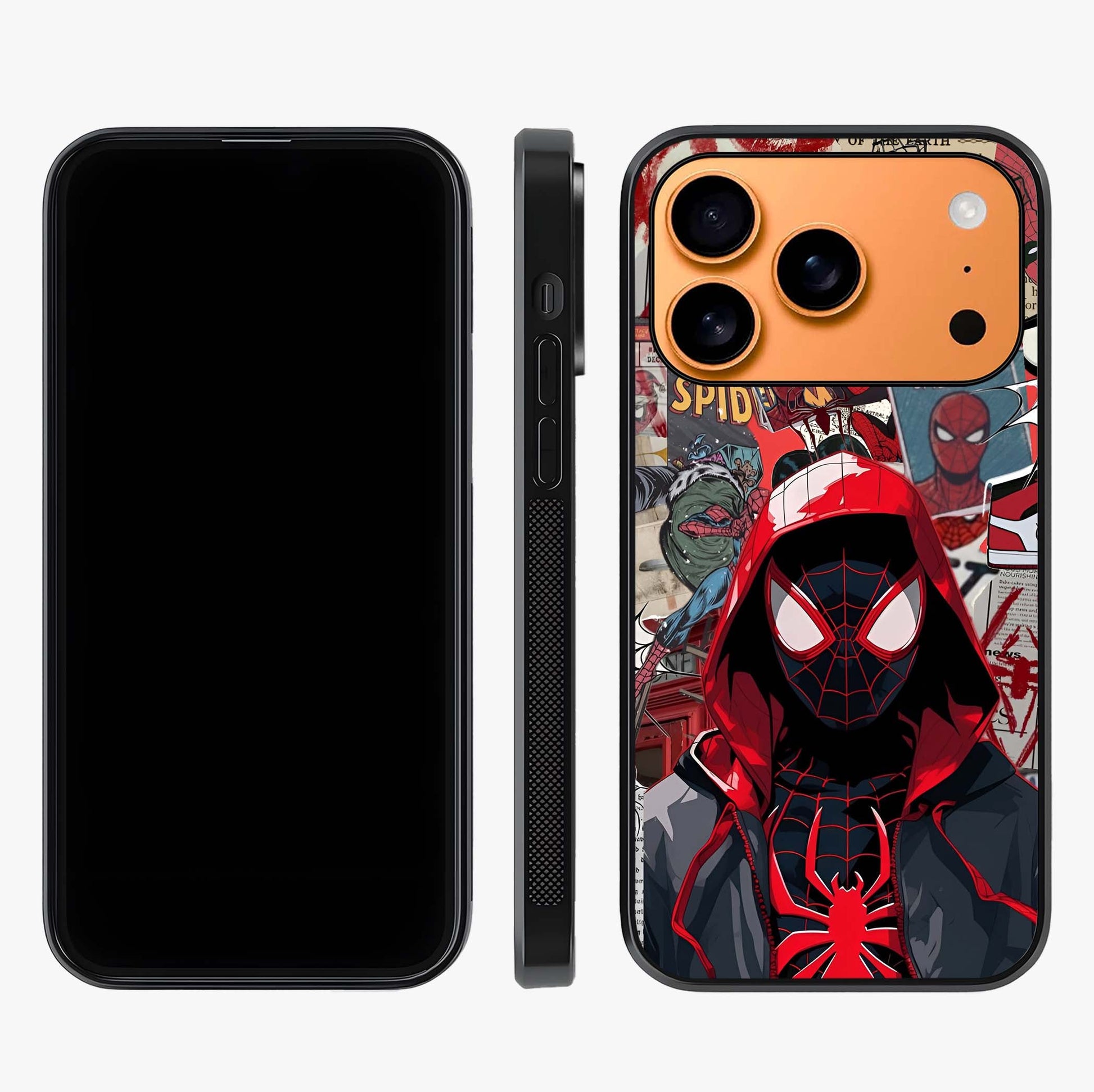 Spider Collage Street Glass Case displayed upright for full design visibility and premium finish.
