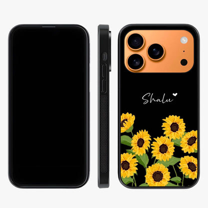 Sunflower Chic Mood Custom Name Glass Case displayed upright for full design visibility and premium finish.