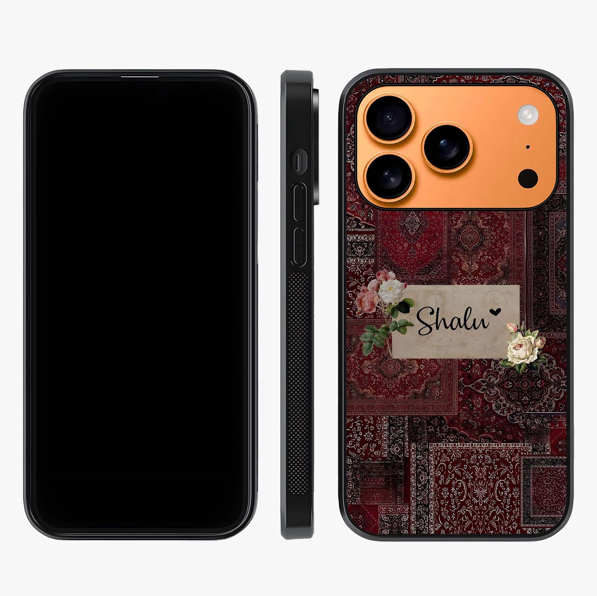 Velvet Wine Pattern Custom Name Glass Case displayed upright for full design visibility and premium finish.
