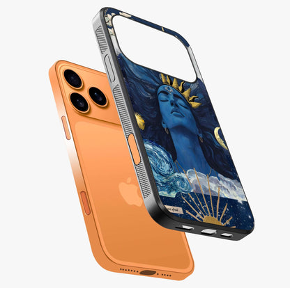 Aesthetic Lord Shiva Glass Case laid diagonally highlighting side profile, edges and glossy glass shine.