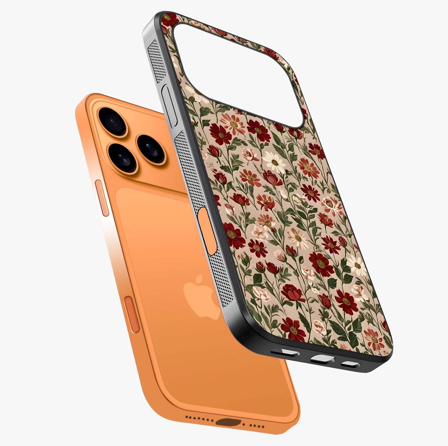 Biege Flower With Leaf Glass Case laid diagonally highlighting side profile, edges and glossy glass shine.