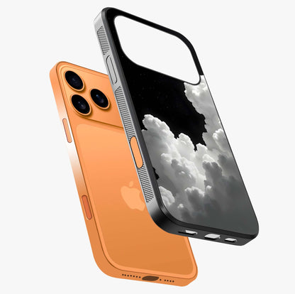 Black Background With White Cloud Glass Case laid diagonally highlighting side profile, edges and glossy glass shine.