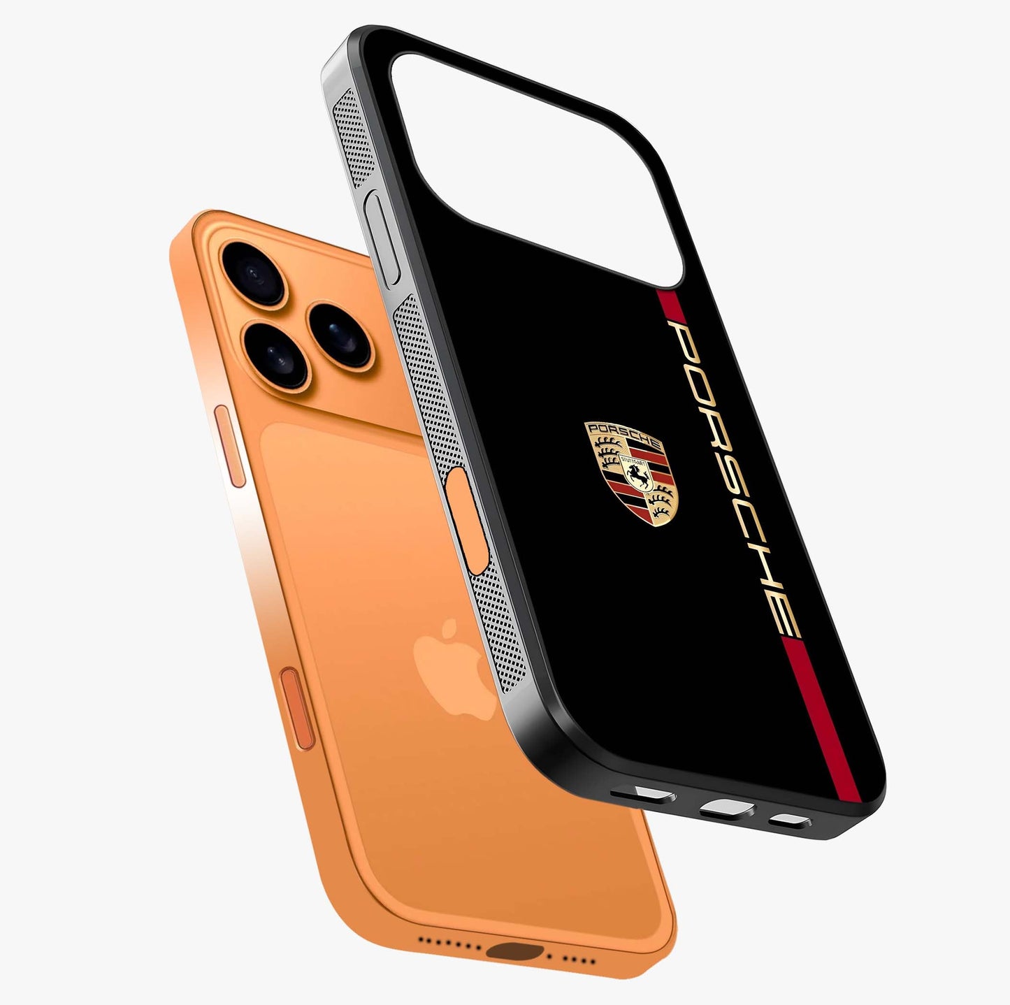 Black Minimal Porsche Glass Case laid diagonally highlighting side profile, edges and glossy glass shine.