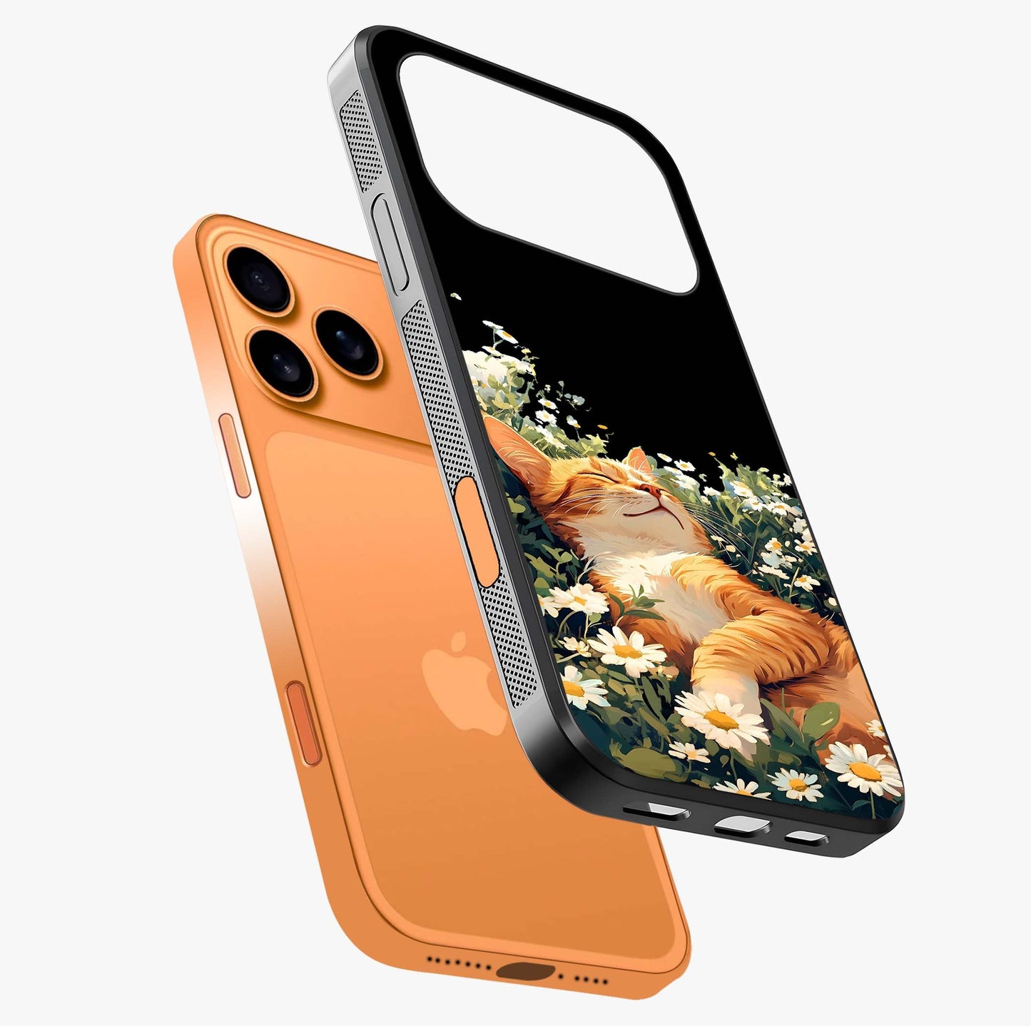 Blissful Bloom Cat Glass Case laid diagonally highlighting side profile, edges and glossy glass shine.