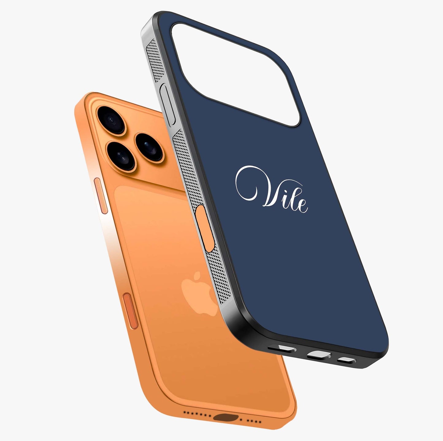 Blue Background Personalized Custom Name Glass Case laid diagonally highlighting side profile, edges and glossy glass shine.