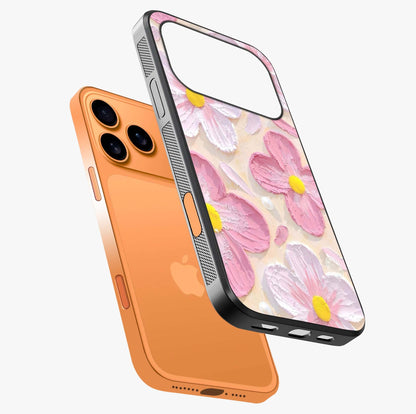Blush Bloom Texture Glass Case laid diagonally highlighting side profile, edges and glossy glass shine.