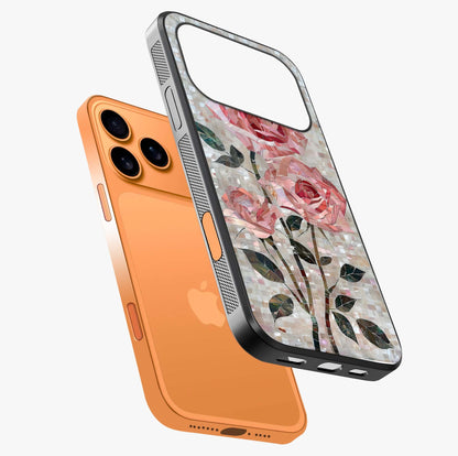 Blush Mosaic Bloom Glass Case laid diagonally highlighting side profile, edges and glossy glass shine.