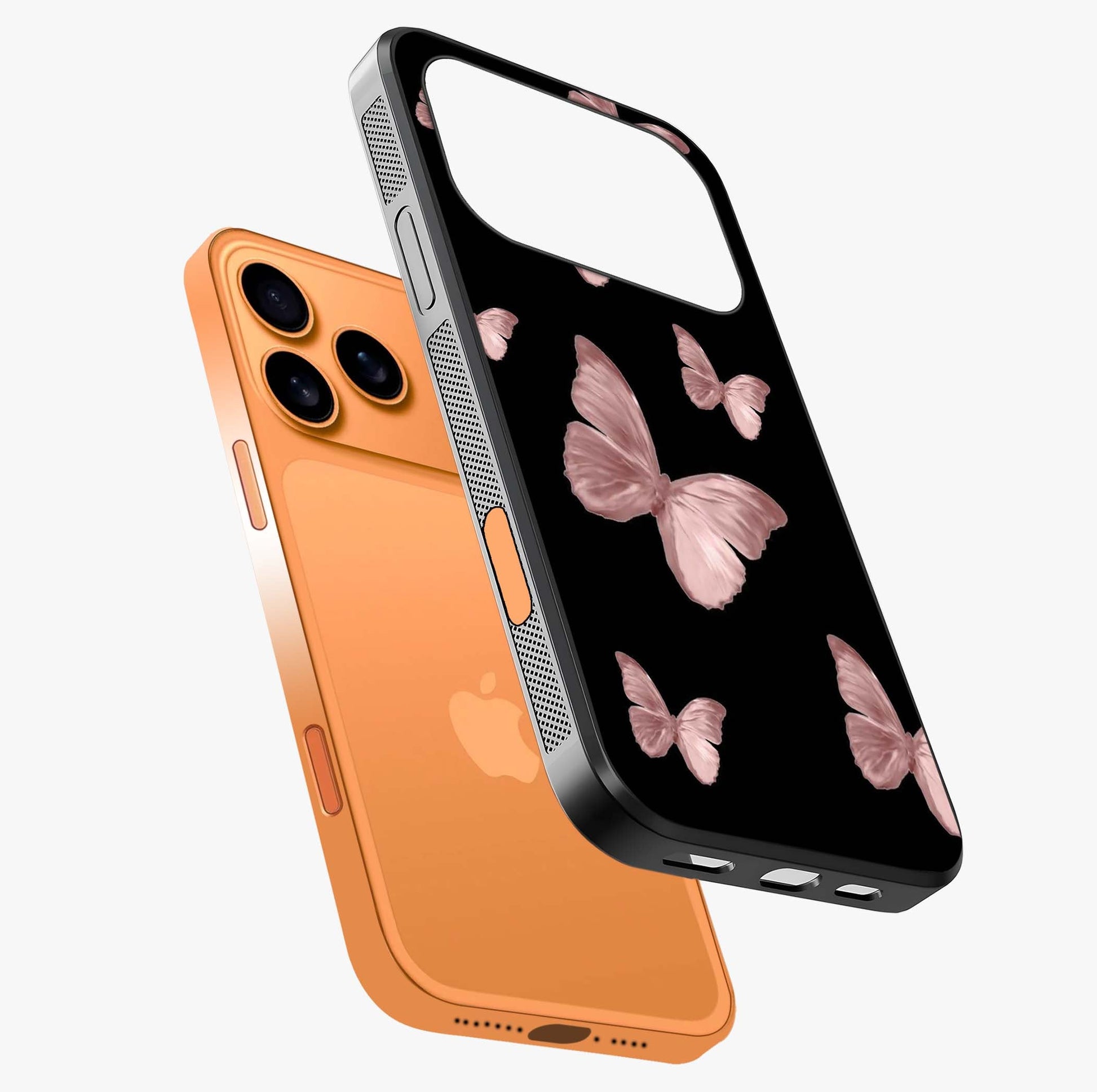 Butterfly Pattern Glass Case laid diagonally highlighting side profile, edges and glossy glass shine.