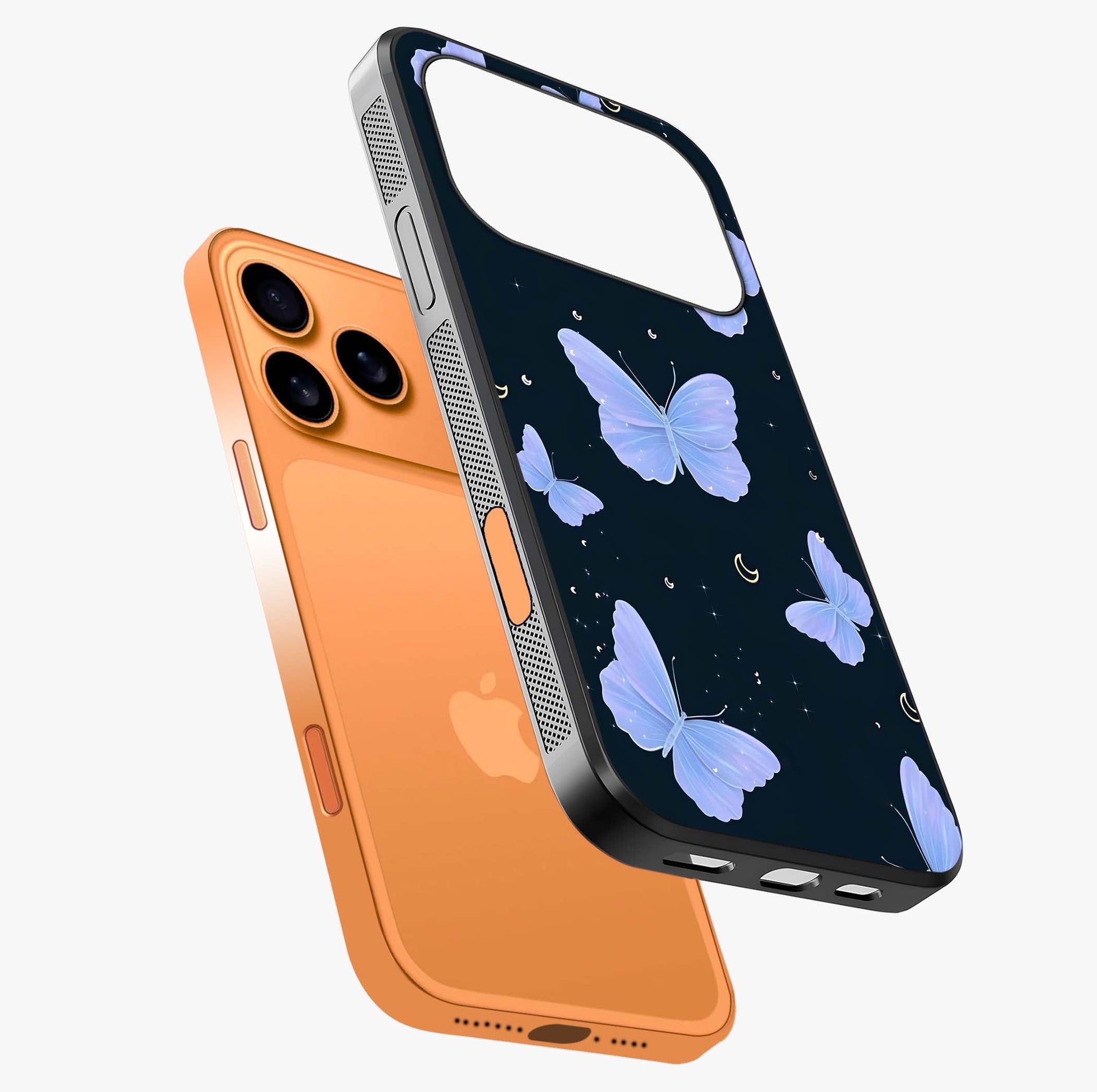 Butterfly With Stars Pattern Glass Case laid diagonally highlighting side profile, edges and glossy glass shine.
