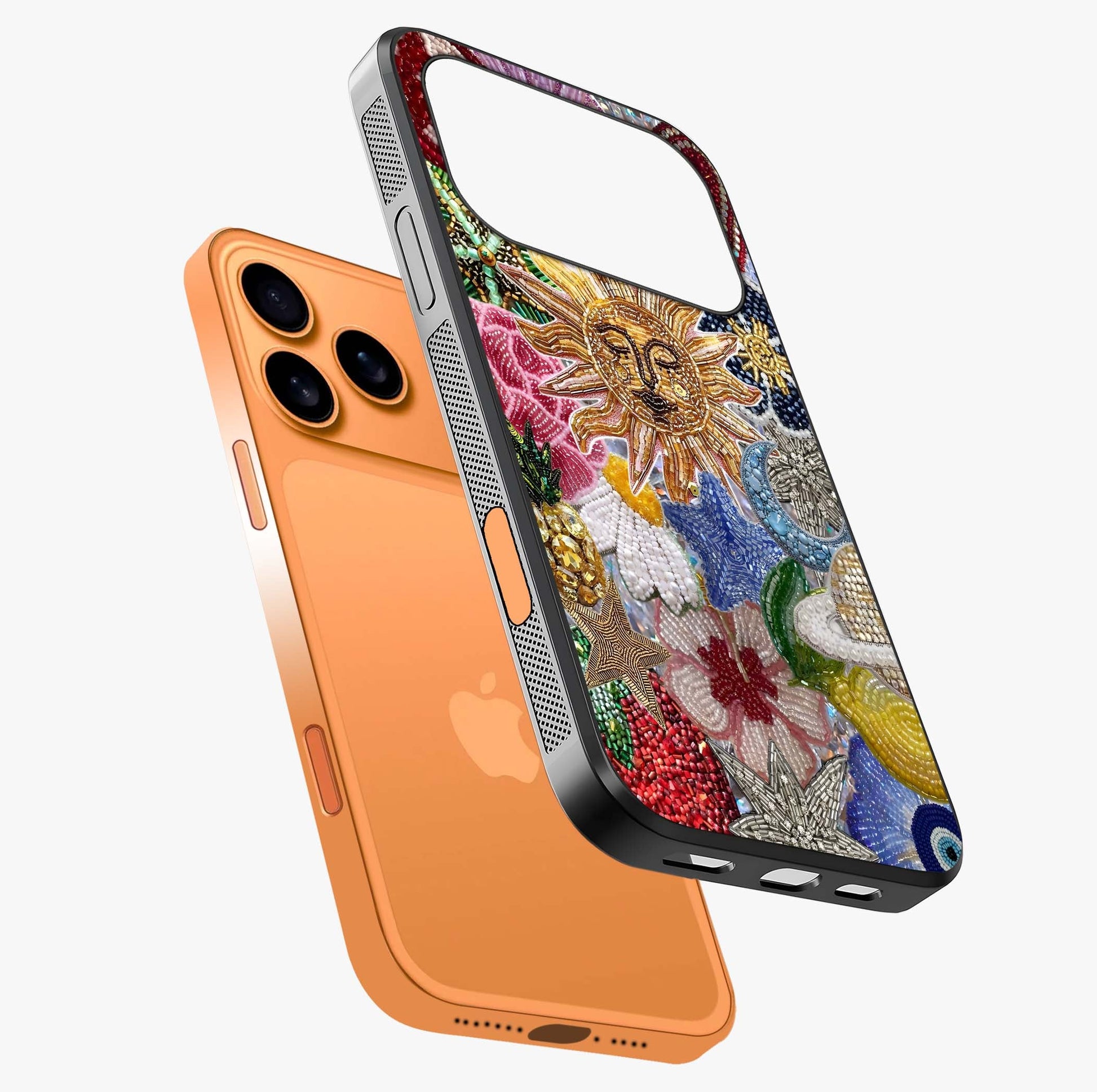 Celestial Floral And Playful Glass Case laid diagonally highlighting side profile, edges and glossy glass shine.