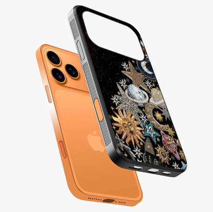 Cosmic Sparkle Dreams Glass Case laid diagonally highlighting side profile, edges and glossy glass shine.
