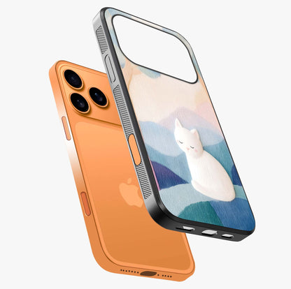 Cotton Dream Cat Glass Case laid diagonally highlighting side profile, edges and glossy glass shine.
