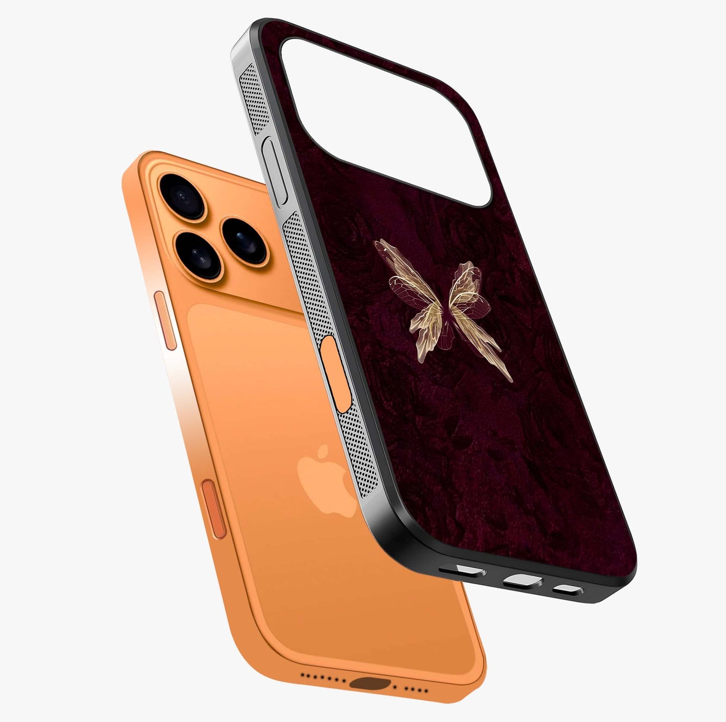 Crimson Fade Butterfly Glass Case laid diagonally highlighting side profile, edges and glossy glass shine.