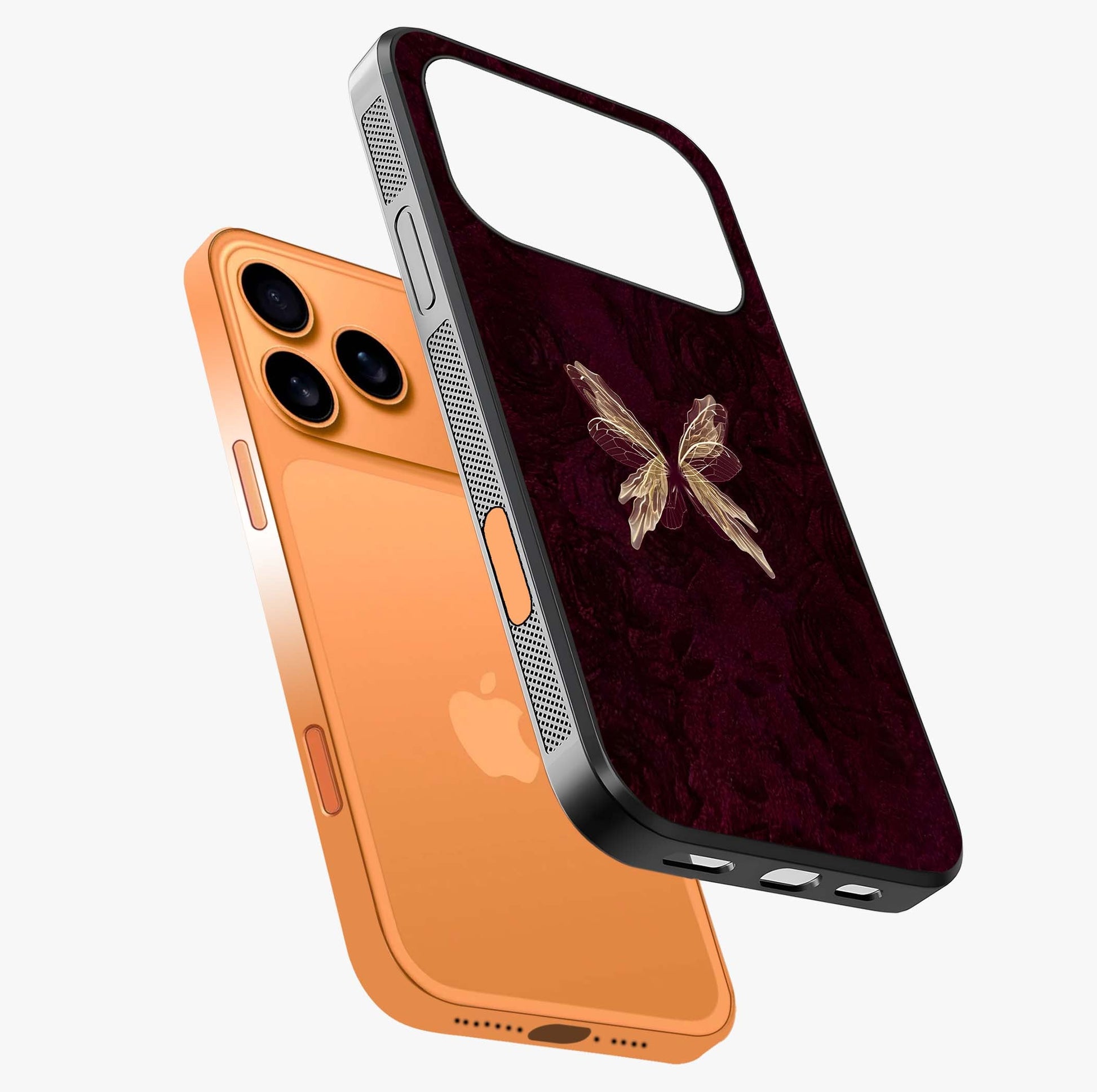 Crimson Fade Butterfly Glass Case laid diagonally highlighting side profile, edges and glossy glass shine.