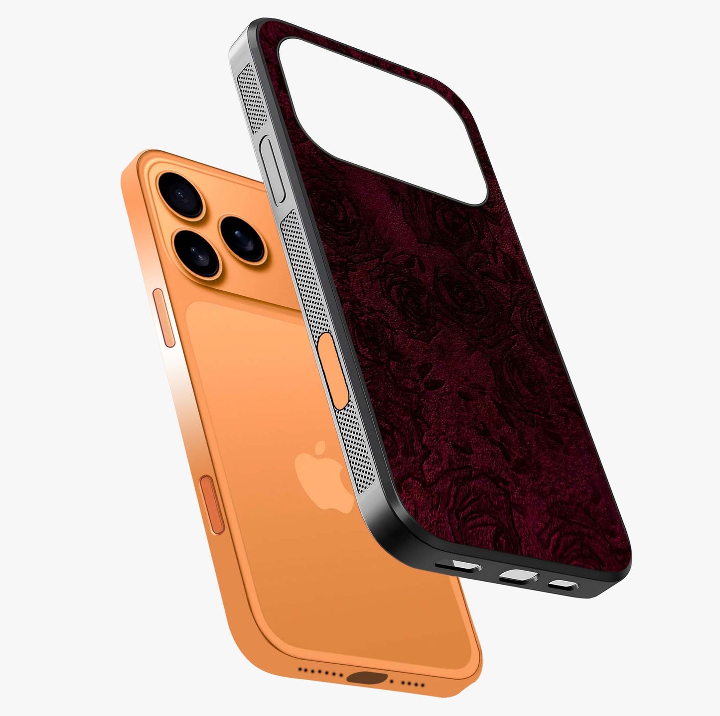 Crimson Fade Flow Glass Case laid diagonally highlighting side profile, edges and glossy glass shine.