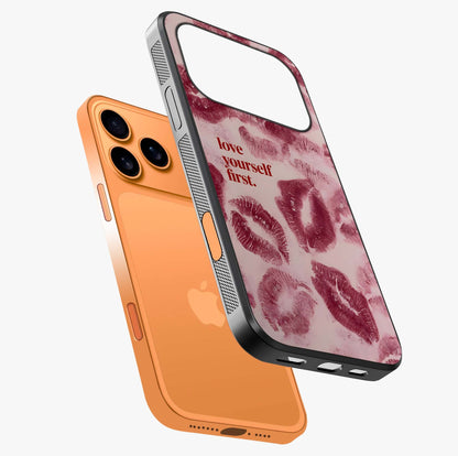 Crimson Kiss Love Glass Case laid diagonally highlighting side profile, edges and glossy glass shine.