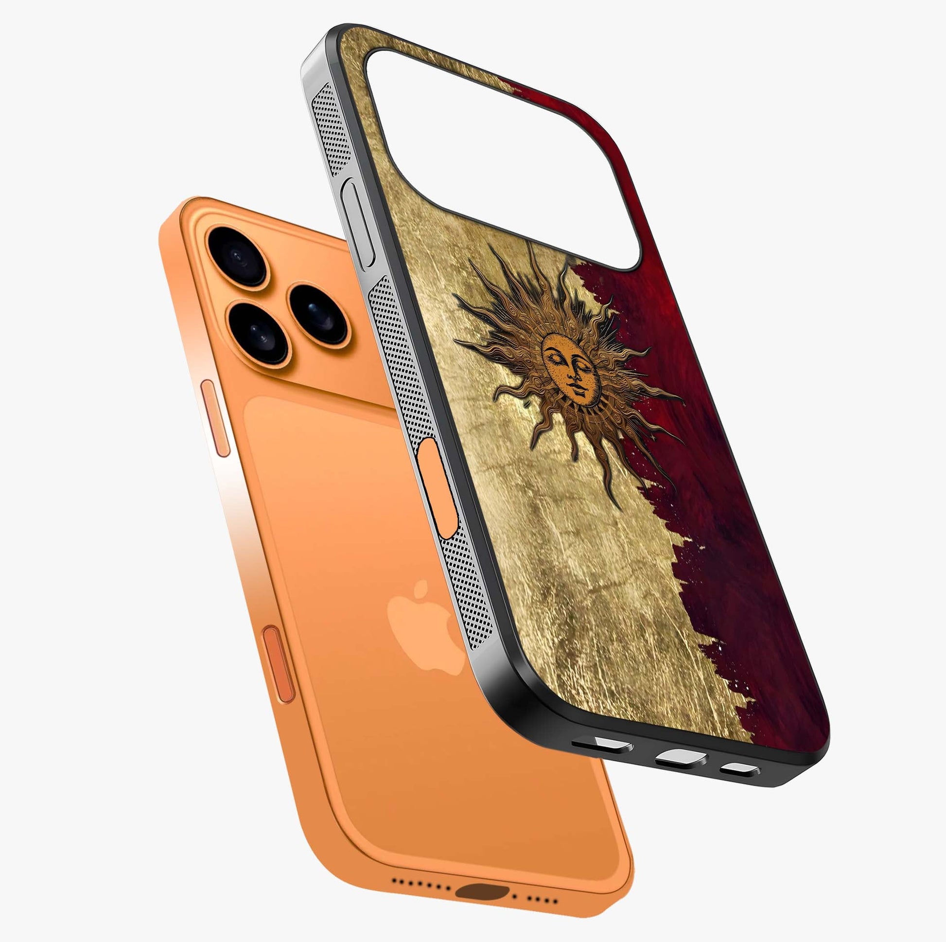 Crimson Sun Majesty Glass Case laid diagonally highlighting side profile, edges and glossy glass shine.