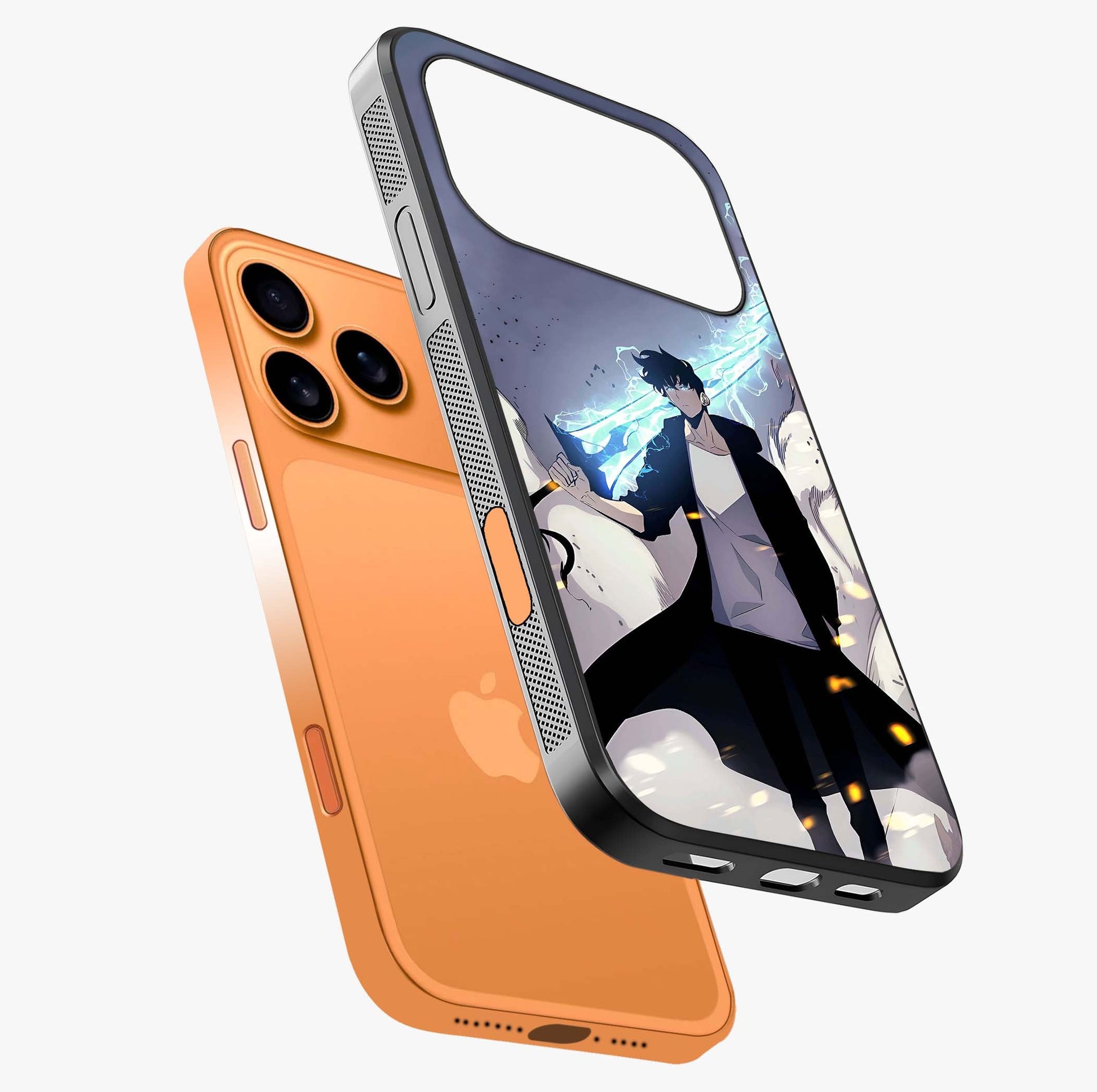 Dark Lightning Anime Warrior Glass Case laid diagonally highlighting side profile, edges and glossy glass shine.