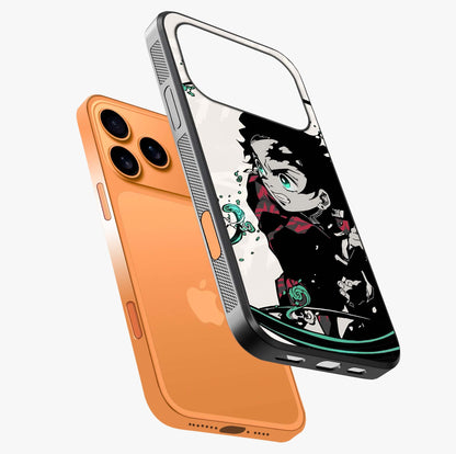 Demon Slayer Glass Case laid diagonally highlighting side profile, edges and glossy glass shine.