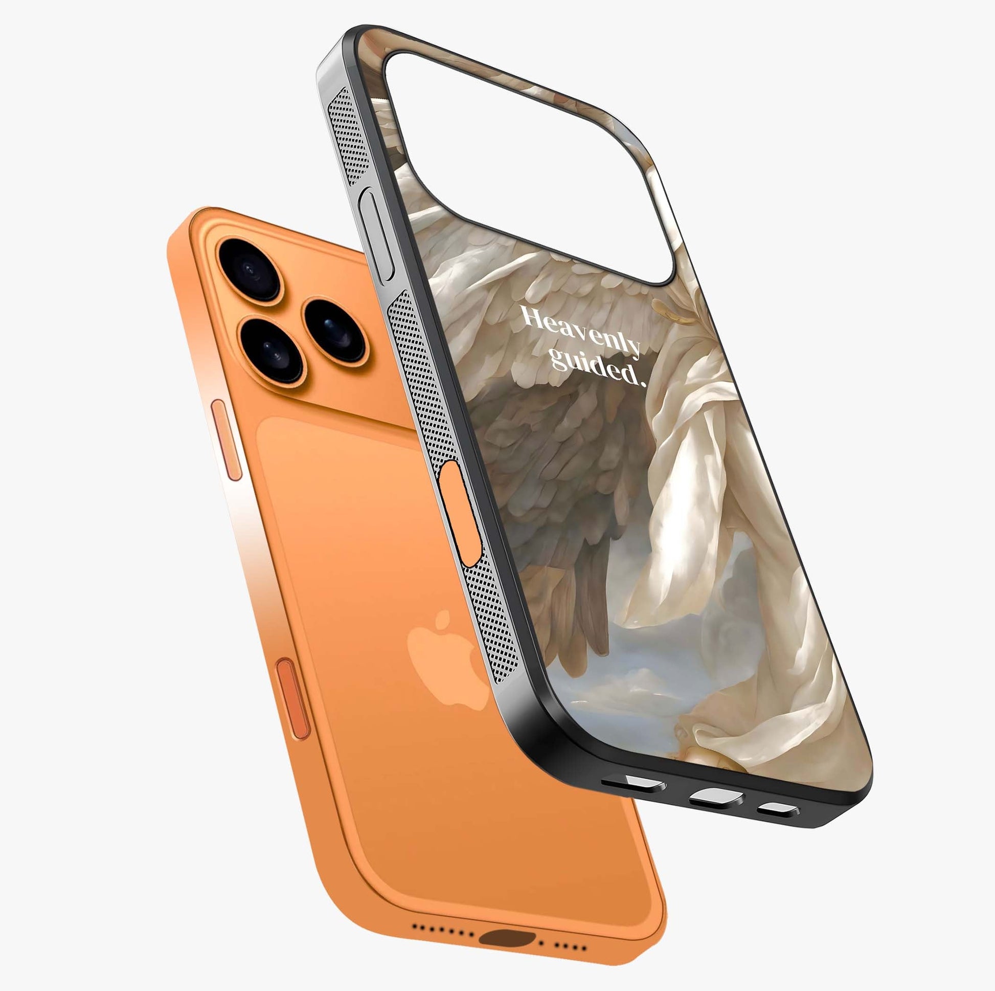 Divine Winged Grace Glass Case laid diagonally highlighting side profile, edges and glossy glass shine.