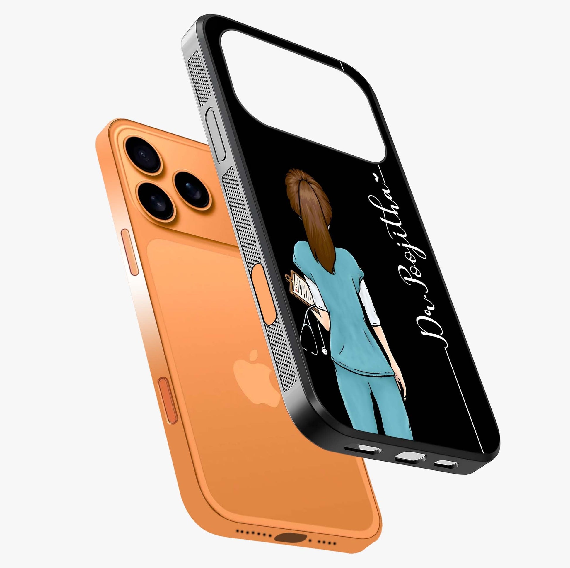 Doctor Pattern Custom Name Glass Case laid diagonally highlighting side profile, edges and glossy glass shine.