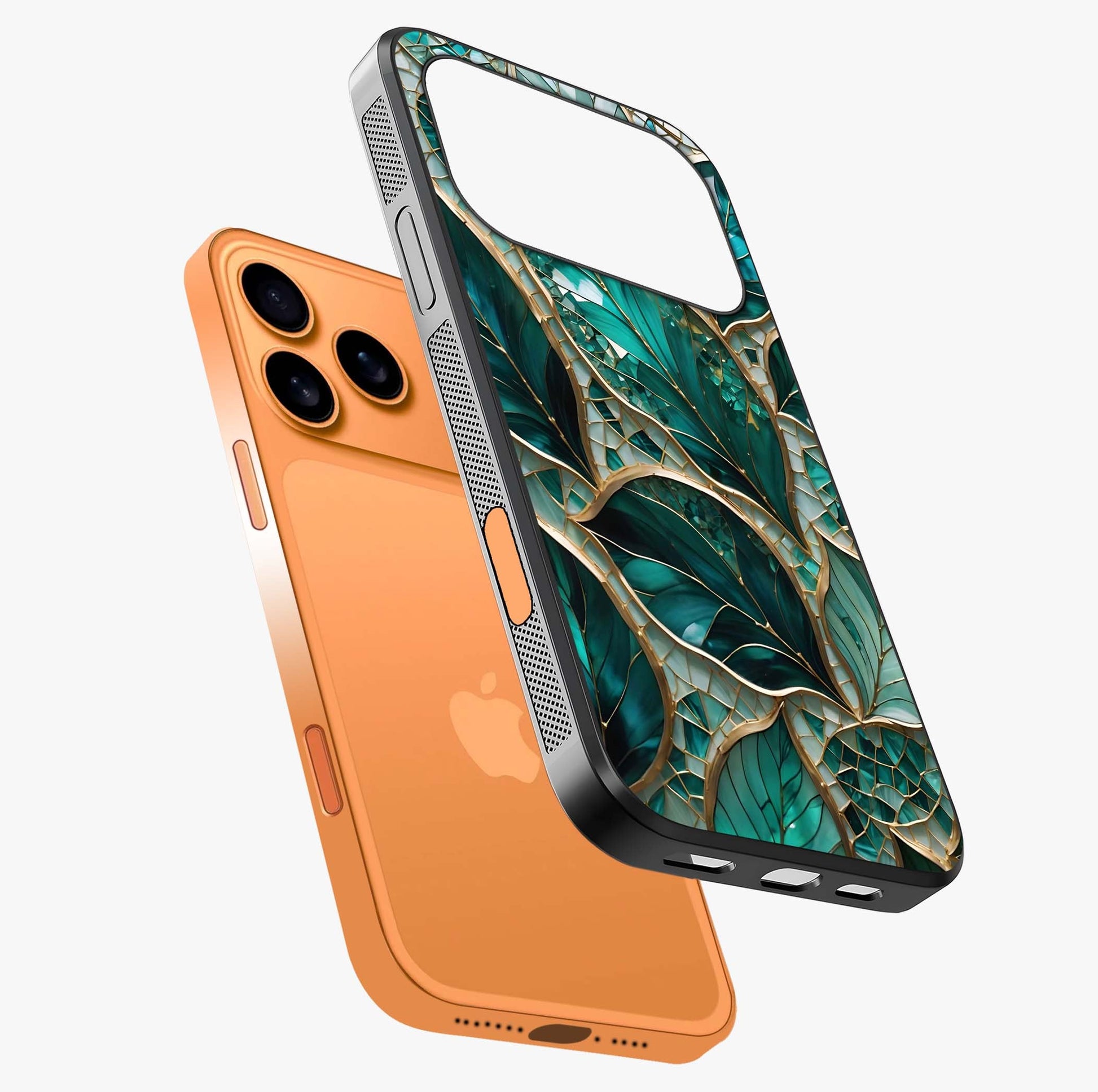 Emerald Leaf Glass Glass Case laid diagonally highlighting side profile, edges and glossy glass shine.
