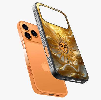 Eternal Golden Glow Glass Case laid diagonally highlighting side profile, edges and glossy glass shine.