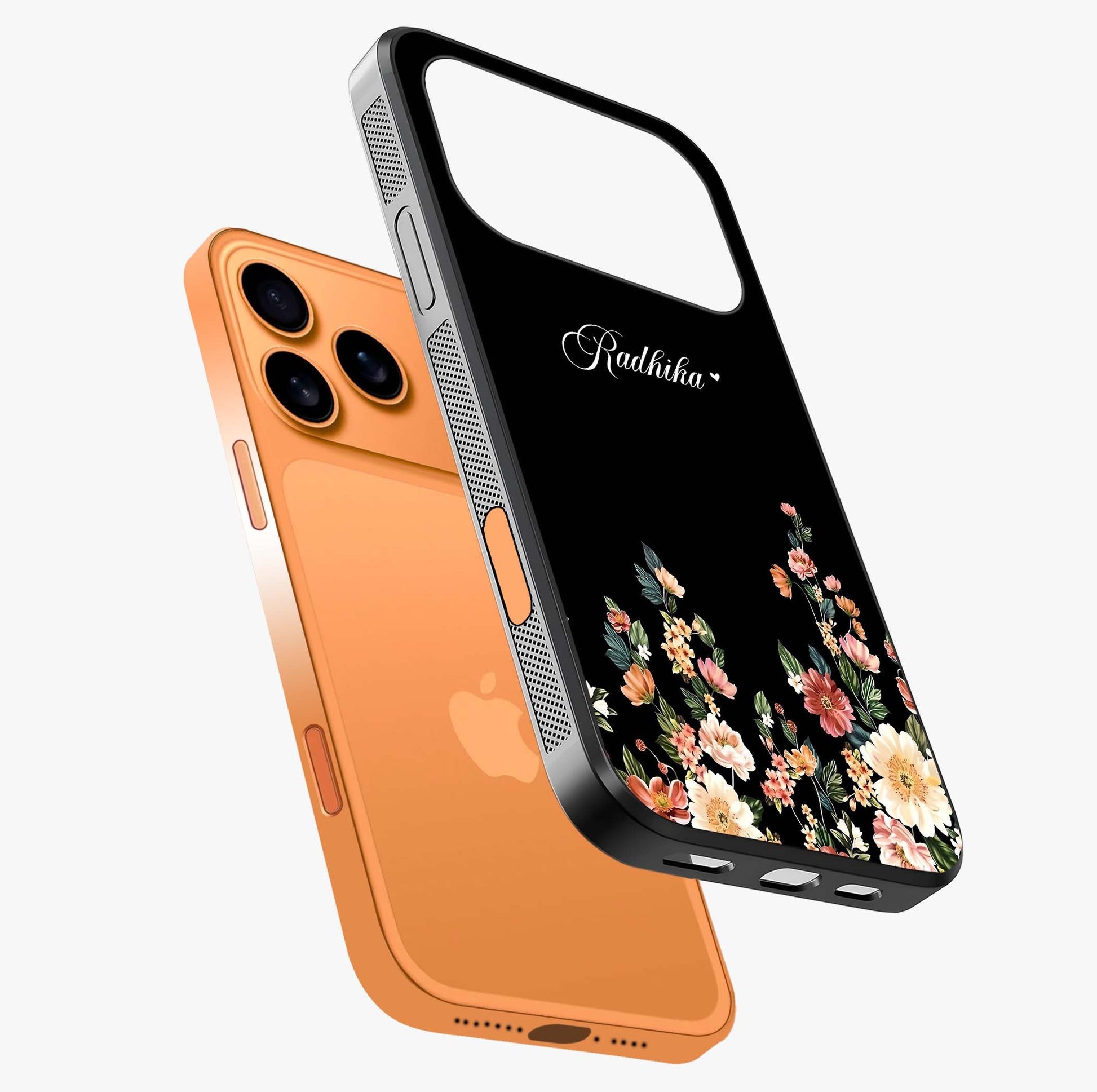 Floral Design With A Custom Personalized Name Glass Case laid diagonally highlighting side profile, edges and glossy glass shine.