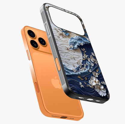 Floral Wave Origami Glass Case laid diagonally highlighting side profile, edges and glossy glass shine.