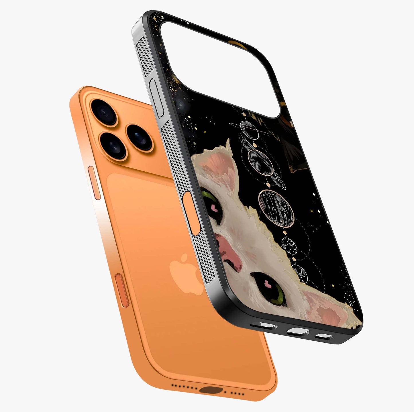 Galactic Cat Glass Case laid diagonally highlighting side profile, edges and glossy glass shine.
