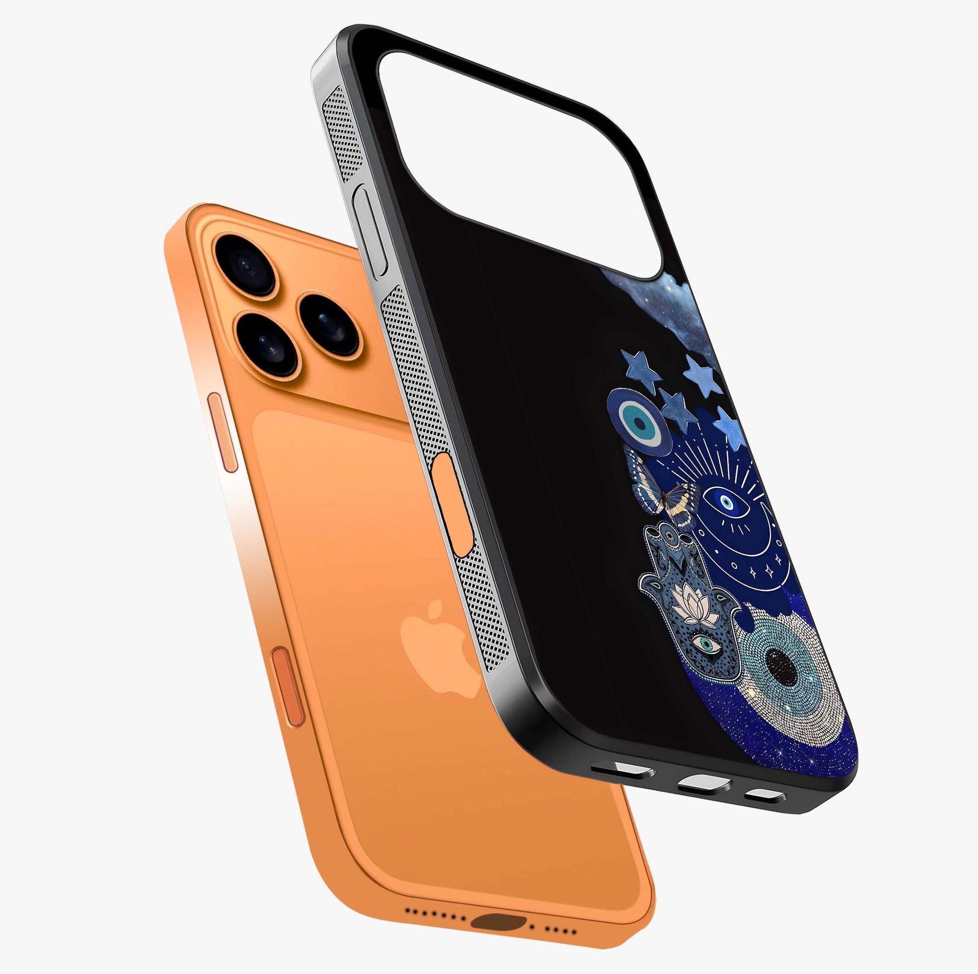 Galactic Charm Cluster Glass Case laid diagonally highlighting side profile, edges and glossy glass shine.