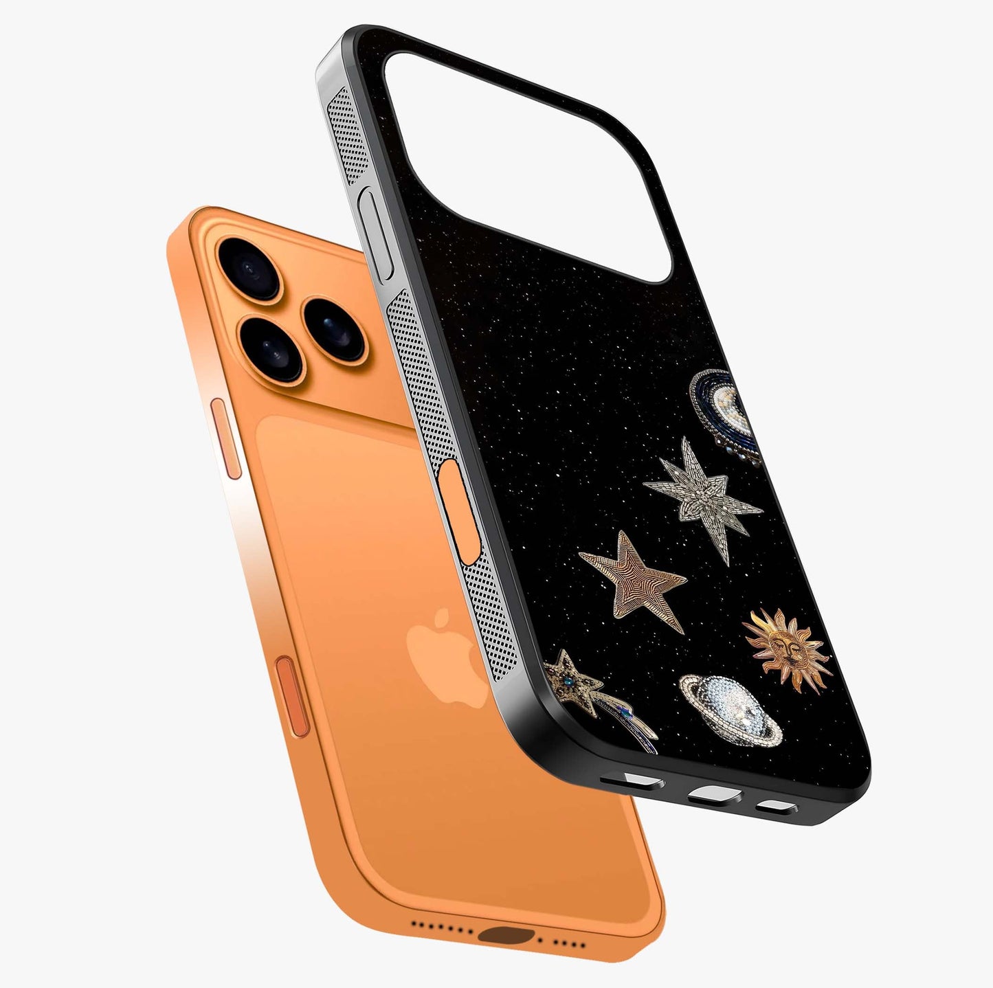 Galactic Charm Glow Glass Case laid diagonally highlighting side profile, edges and glossy glass shine.