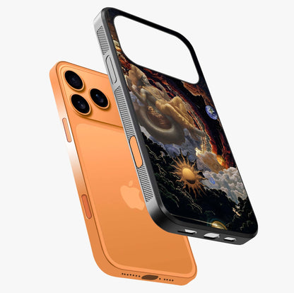 Galactic Divine God Glass Case laid diagonally highlighting side profile, edges and glossy glass shine.