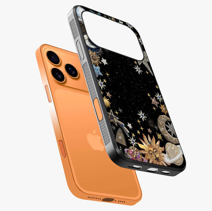 Galactic Jewel Stars Glass Case laid diagonally highlighting side profile, edges and glossy glass shine.