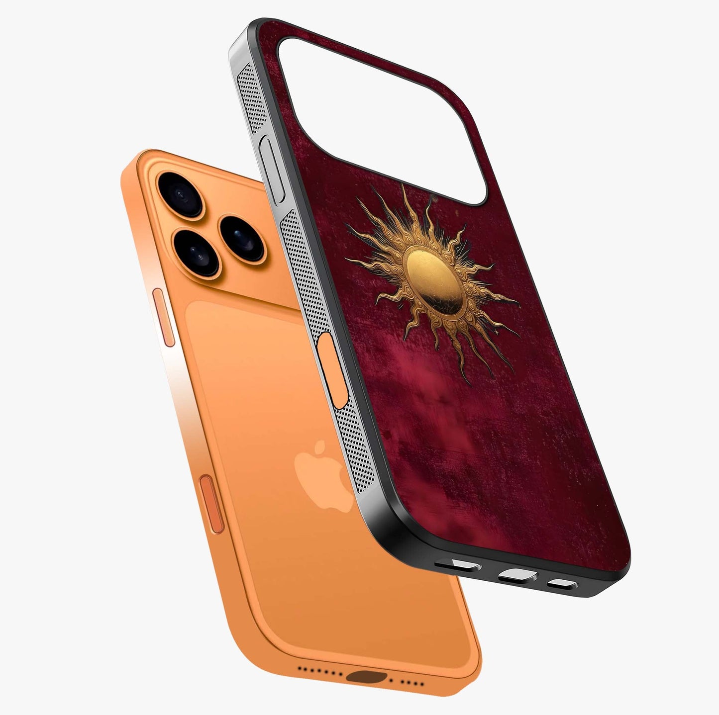 Gold Sun Blush Glass Case laid diagonally highlighting side profile, edges and glossy glass shine.