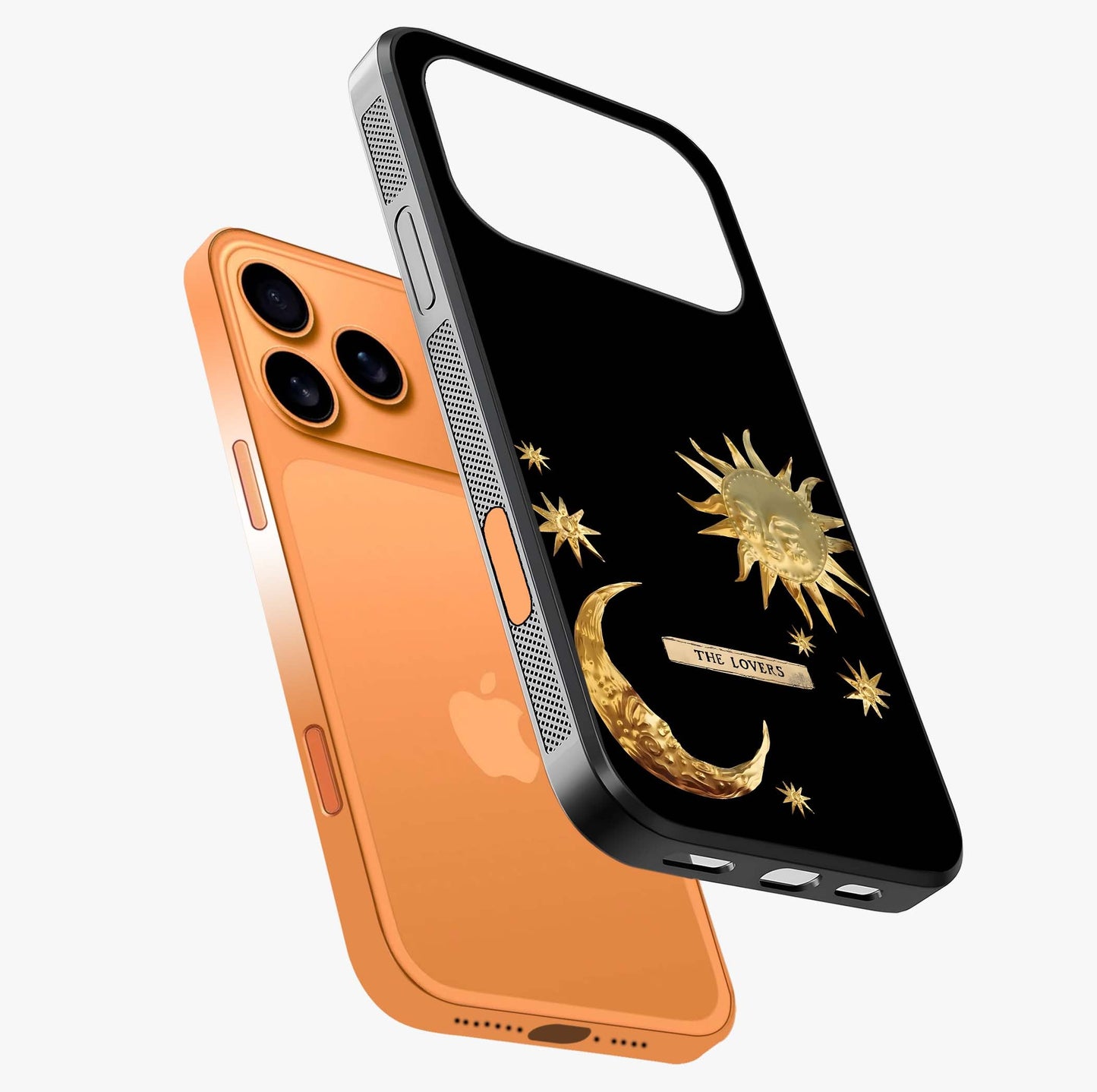 Golden Celestial Charm Glass Case laid diagonally highlighting side profile, edges and glossy glass shine.