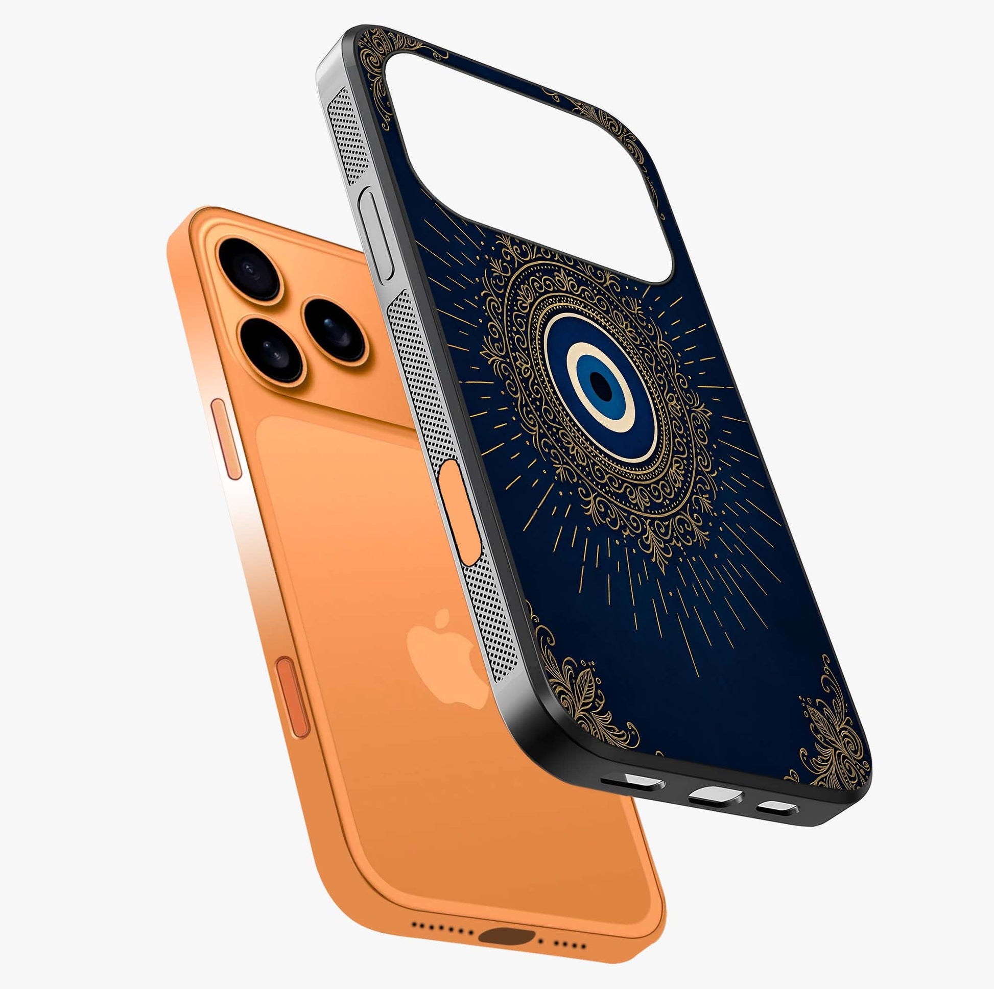 Golden Evil Eye Mandala Glass Case laid diagonally highlighting side profile, edges and glossy glass shine.