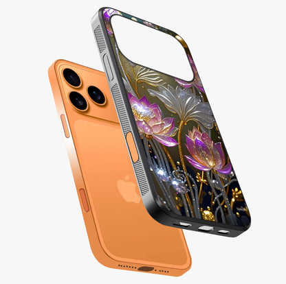 Golden Lotus Glow Glass Case laid diagonally highlighting side profile, edges and glossy glass shine.
