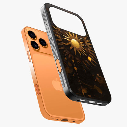 Golden Sun Majesty Glass Case laid diagonally highlighting side profile, edges and glossy glass shine.