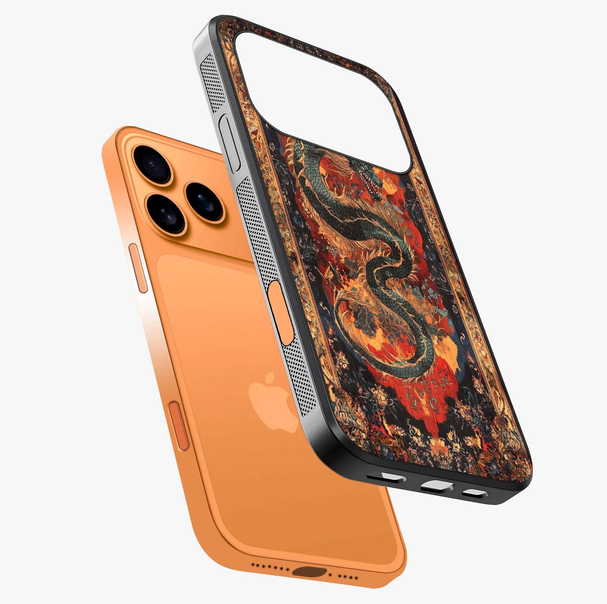 Inferno Dragon Soul Glass Case laid diagonally highlighting side profile, edges and glossy glass shine.