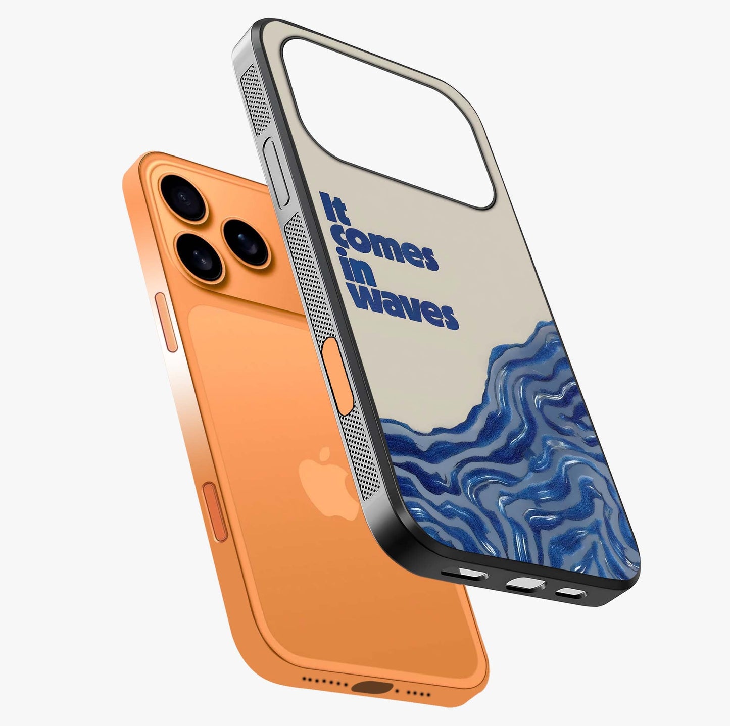 It Comes In Waves Quote Glass Case laid diagonally highlighting side profile, edges and glossy glass shine.