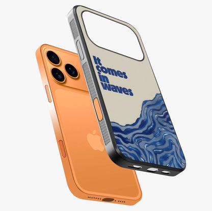 It Comes In Waves Quote Glass Case laid diagonally highlighting side profile, edges and glossy glass shine.