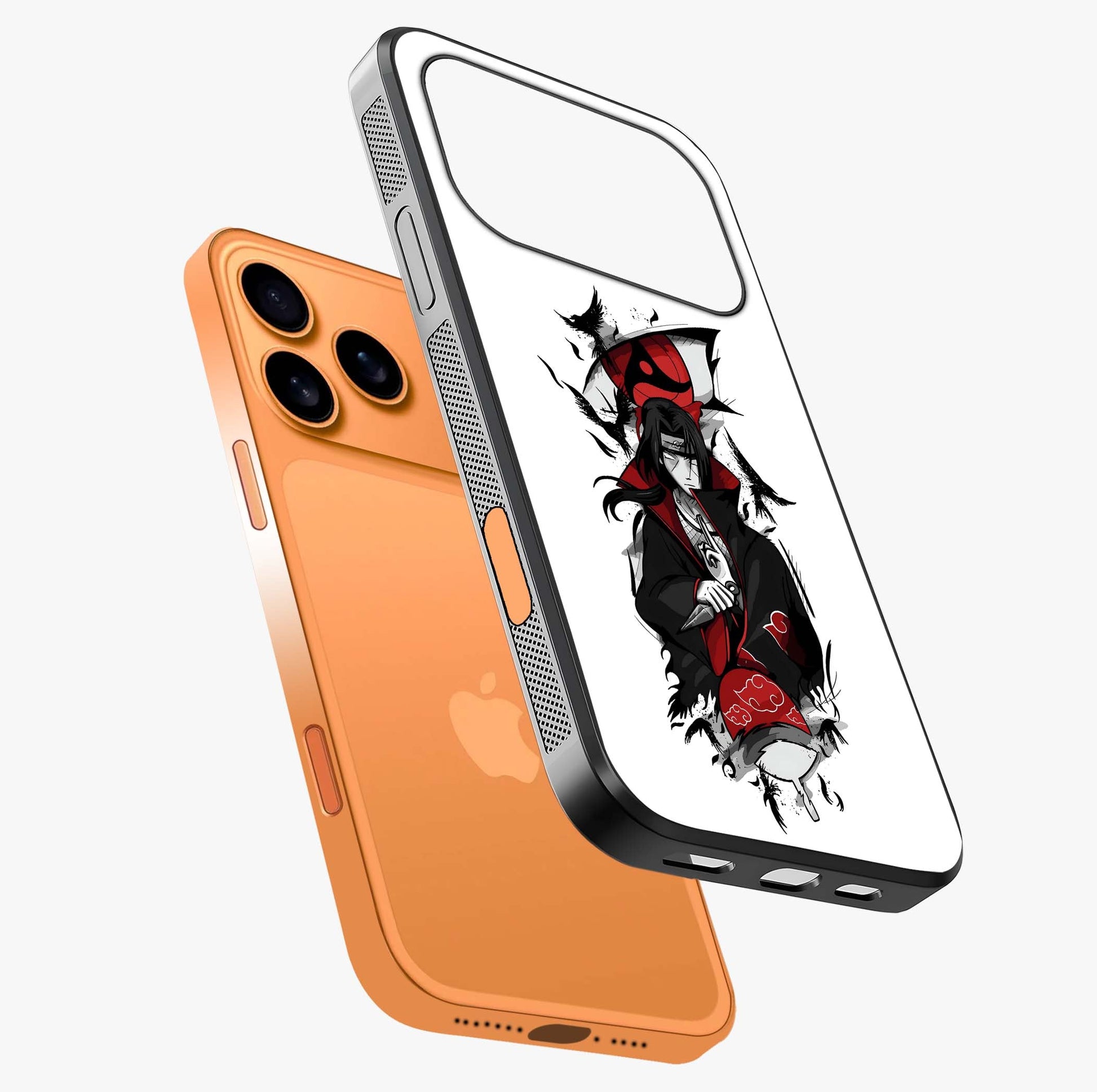 Itachi Sharingan Glass Case laid diagonally highlighting side profile, edges and glossy glass shine.