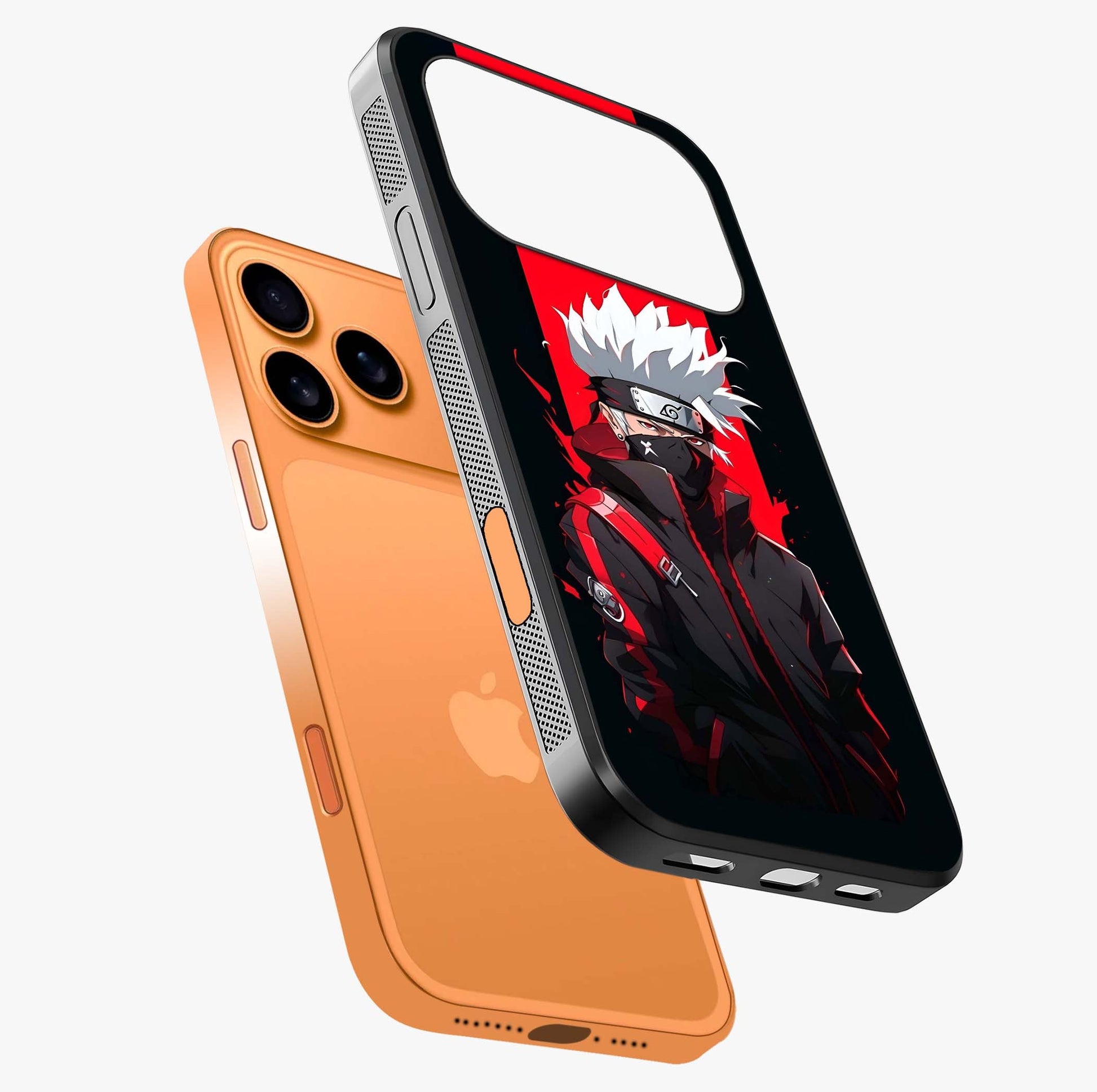 Kakashi Scarlet Shadow Glass Case laid diagonally highlighting side profile, edges and glossy glass shine.