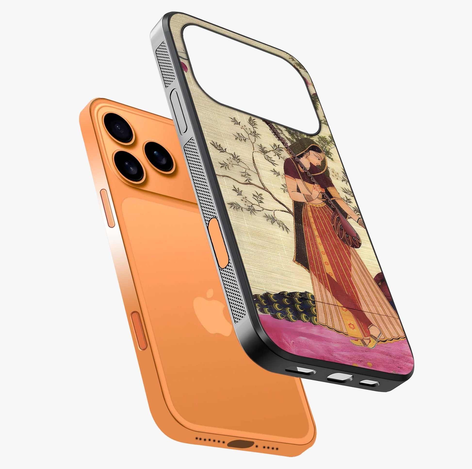 Lady With Veena Art Glass Case laid diagonally highlighting side profile, edges and glossy glass shine.