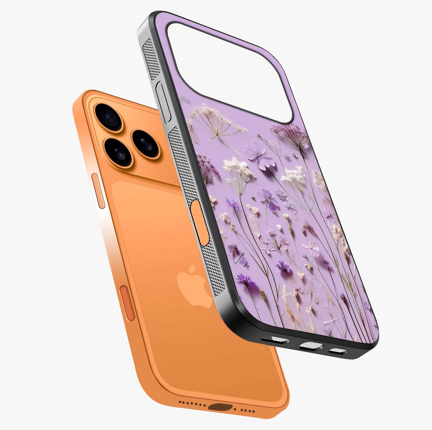 Lavender Blossom Dream Glass Case laid diagonally highlighting side profile, edges and glossy glass shine.