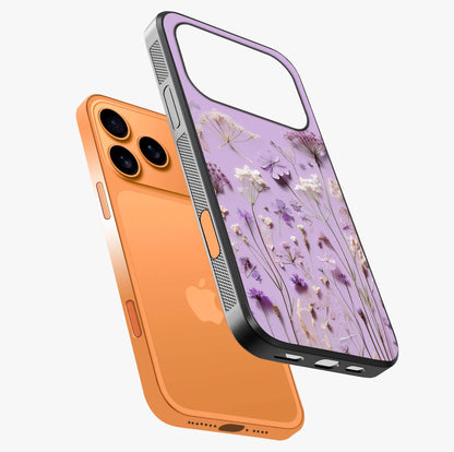 Lavender Blossom Dream Glass Case laid diagonally highlighting side profile, edges and glossy glass shine.