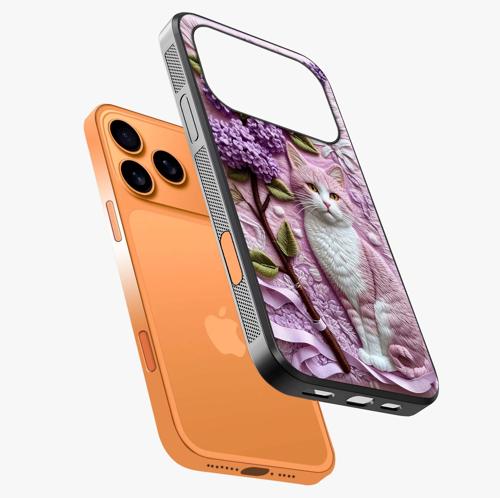 Lavender Cat Whimsy Glass Case laid diagonally highlighting side profile, edges and glossy glass shine.