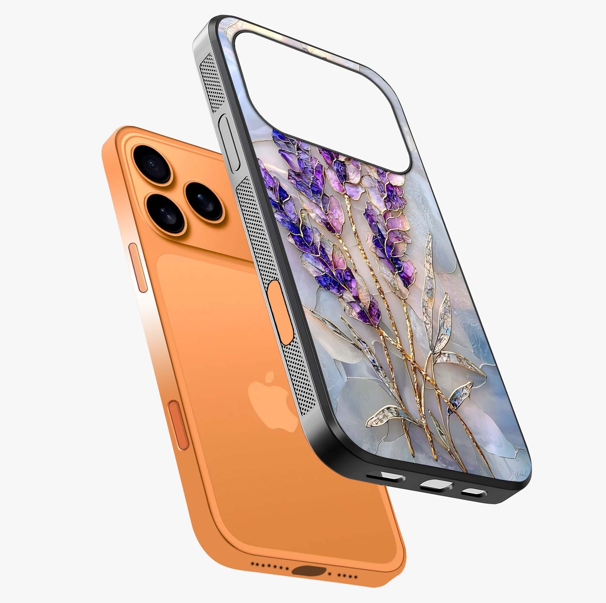 Lavender Dream Glow Glass Case laid diagonally highlighting side profile, edges and glossy glass shine.