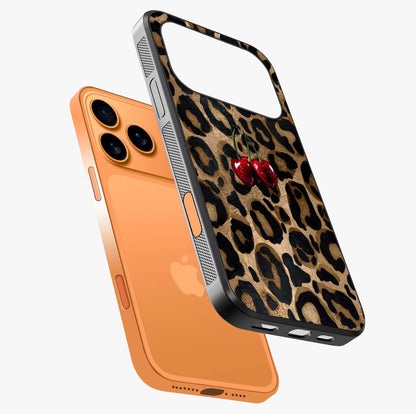 Leopard Wild Cherry Glass Case laid diagonally highlighting side profile, edges and glossy glass shine.